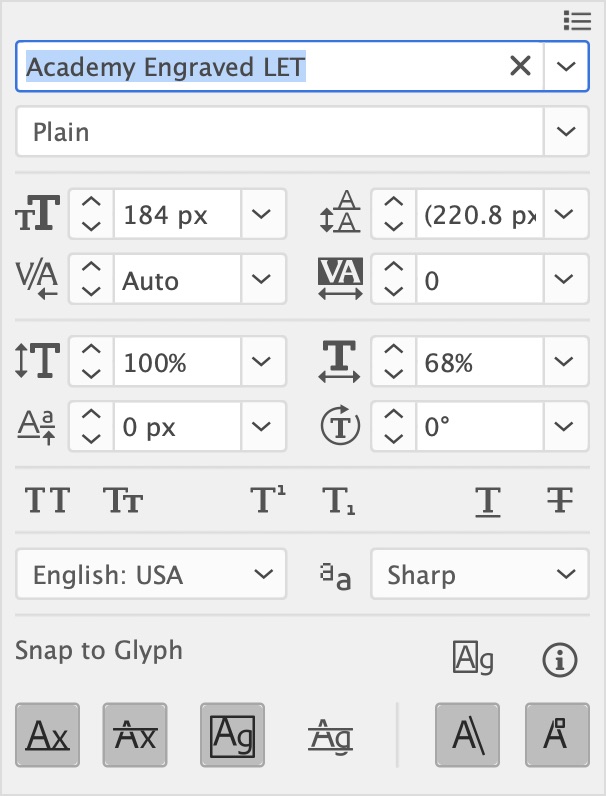 Character panel: COFFEE at 184 px with Horizontal Scale at 68 percent