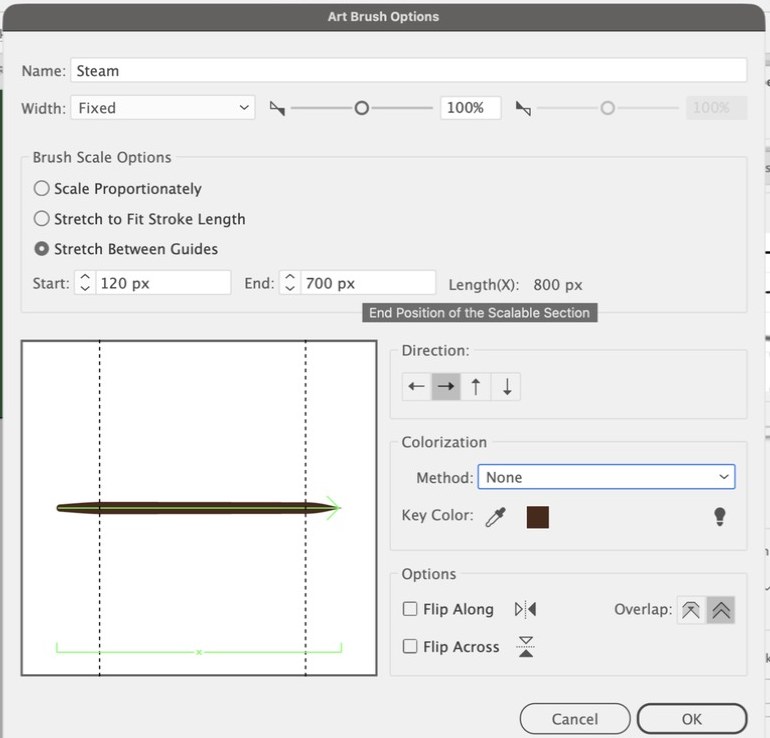 Art Brush Options: name Steam, Stretch Between Guides, Start 120, End 700