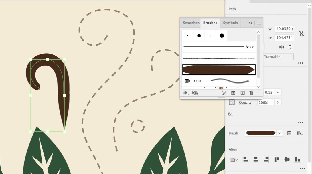 One hand-drawn curl with the Steam brush at 0.52 px, over the dashed guides