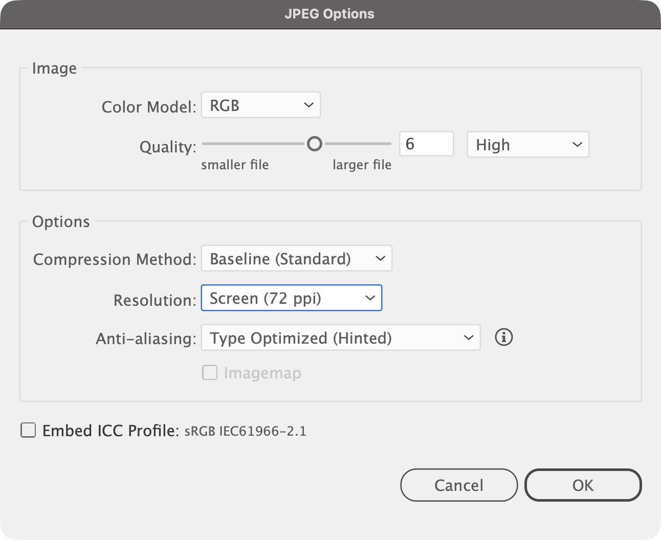 JPEG Options: RGB, High quality, Screen (72 ppi)