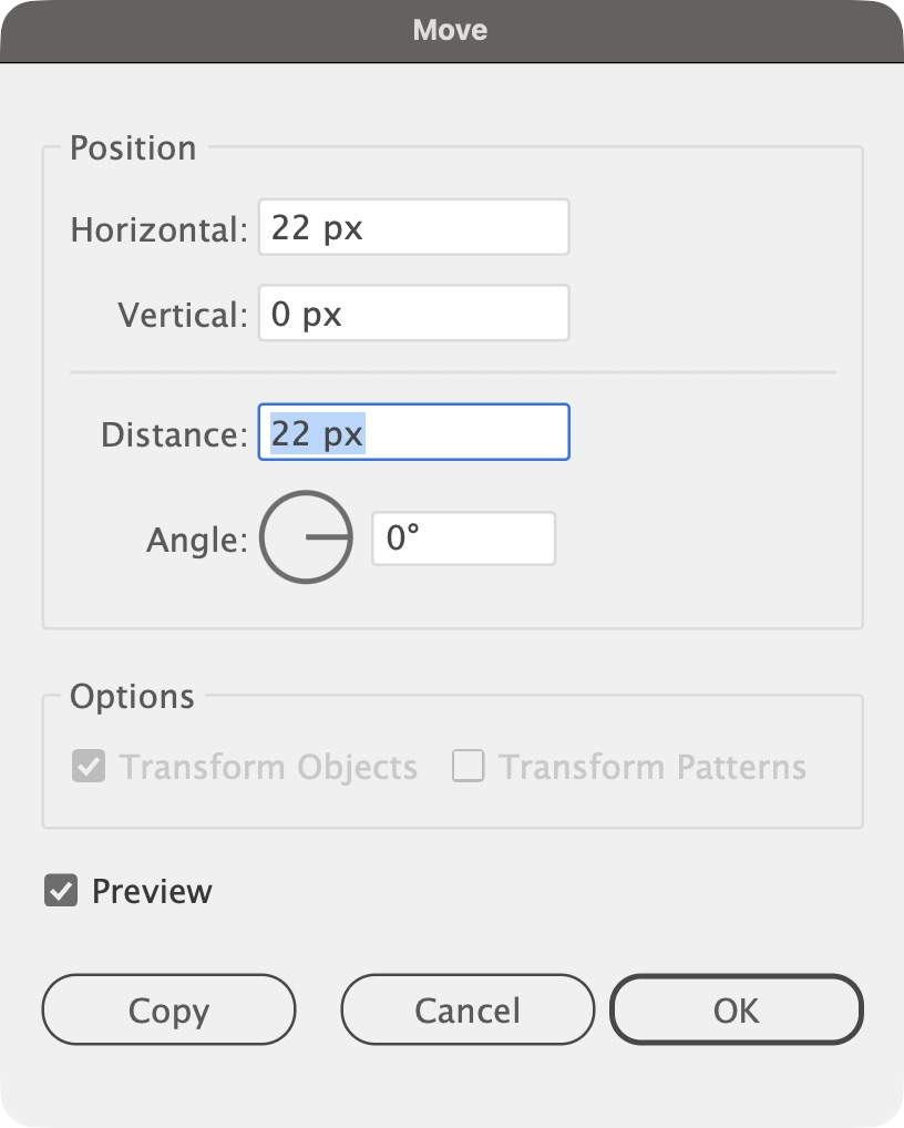 Move: Horizontal 22, Vertical 0, then Copy