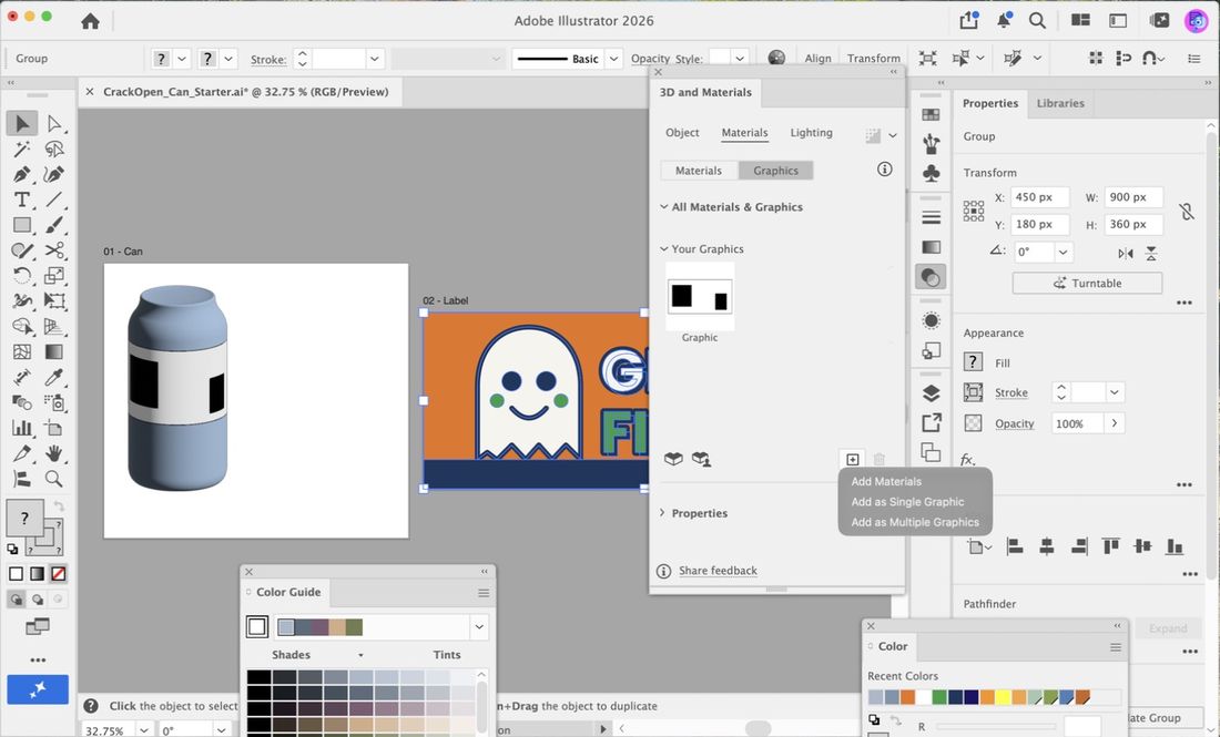 With the label art selected, the plus menu in the Graphics area offers Add as Single Graphic.