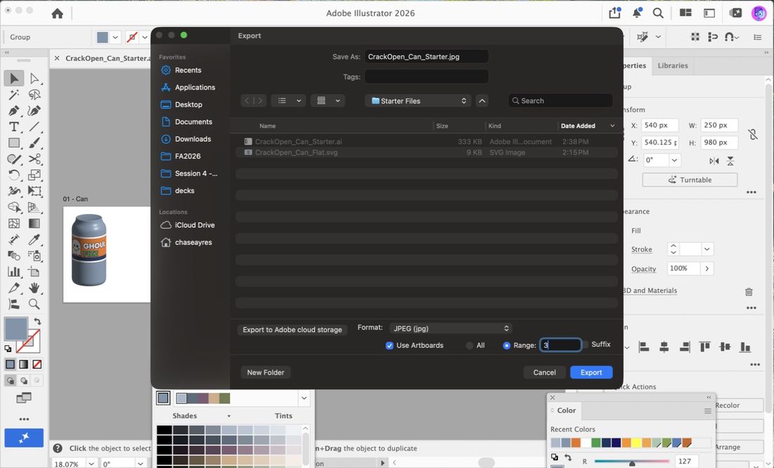 Export As with Use Artboards checked and Range set to 3.