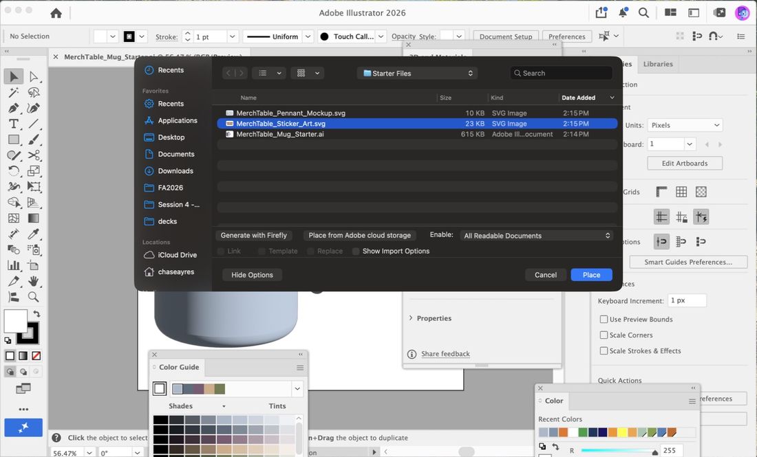 The Place dialog. Pick MerchTable_Sticker_Art.svg and leave Link unchecked.