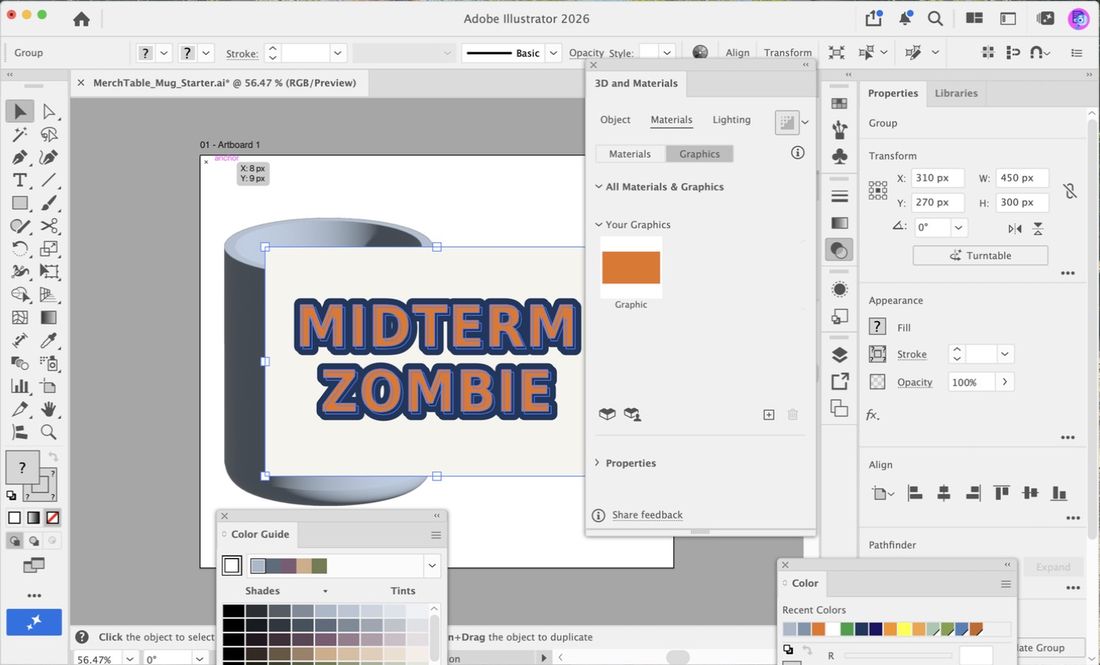 After the resize to 450 by 300 and the move to X 310, Y 270, the art sits over the mug.