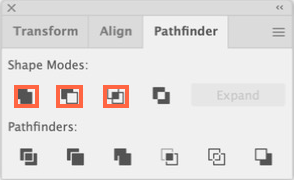 Pathfinder panel. Orange boxes: Unite, Minus Front, Intersect (left to right).