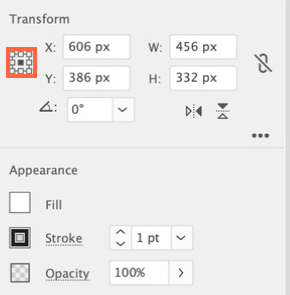 Properties panel. The orange box is the Reference Point grid. Click the center square.