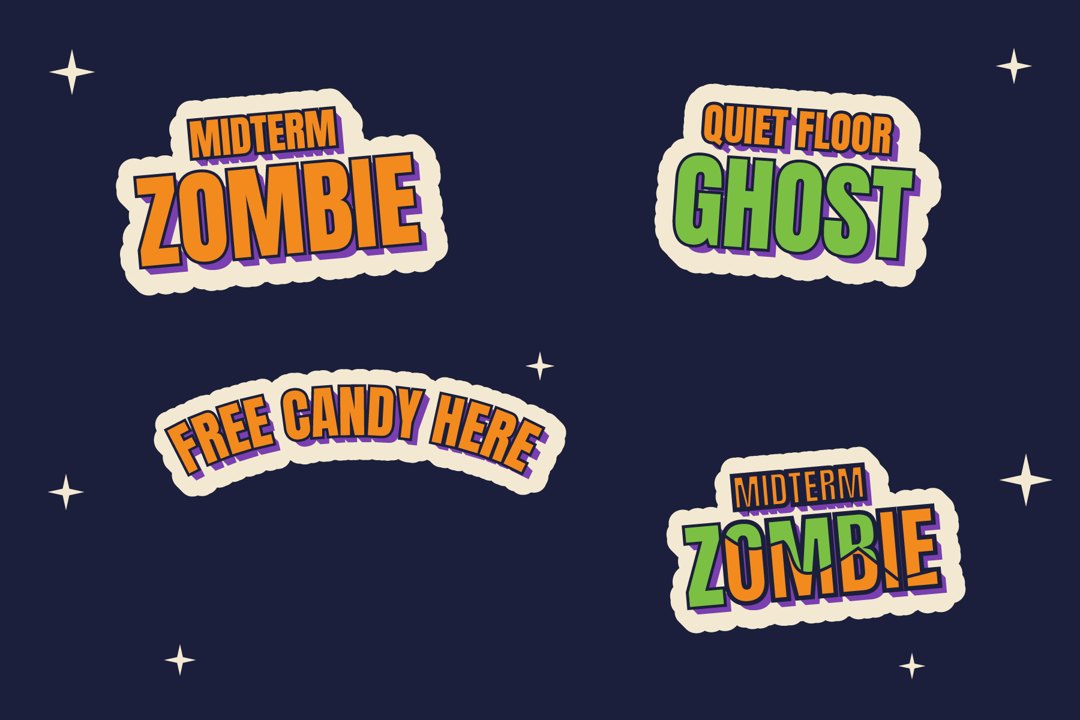 Finished Halloween slogan stickers with a cracked two-tone copy