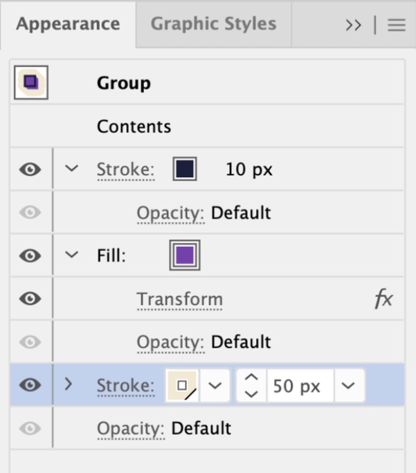 The four rows in order: Contents, Stroke 10 px, Fill Grape, Stroke Bone 50 px