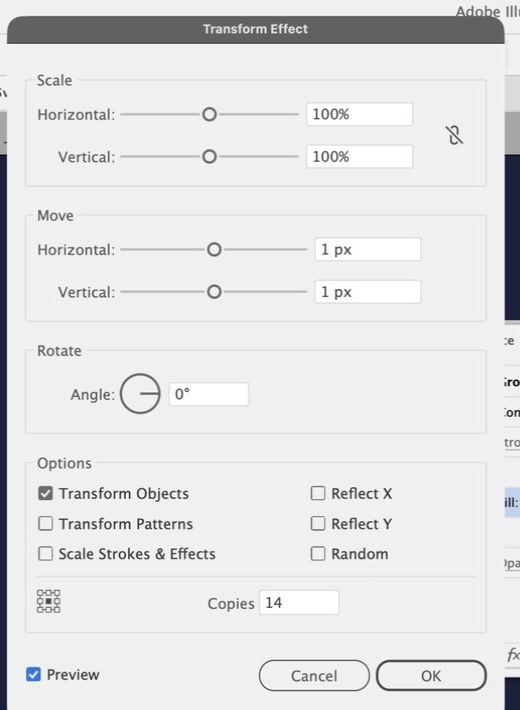 Transform: Move 1 px and 1 px, Copies 14 at the bottom