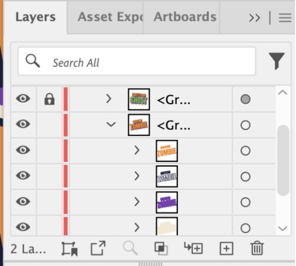 The expanded copy in the Layers panel: faces, keyline, shadow, and the cream border sub-group