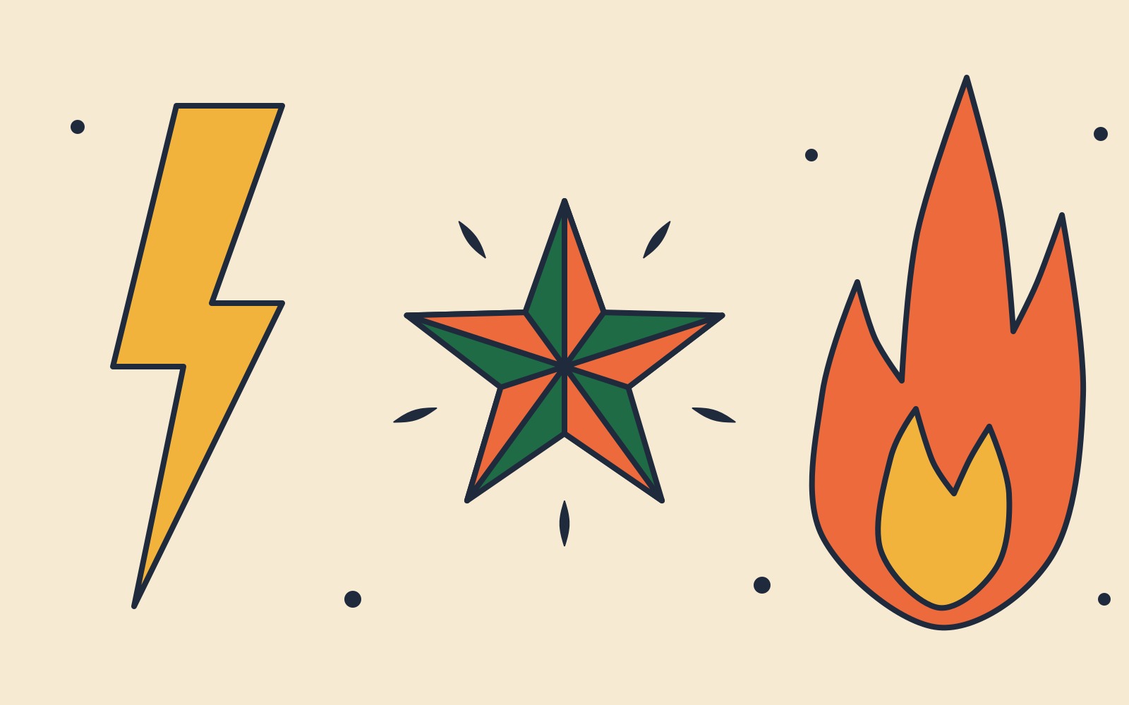 Finished tattoo flash sheet with a lightning bolt, a star and a flame