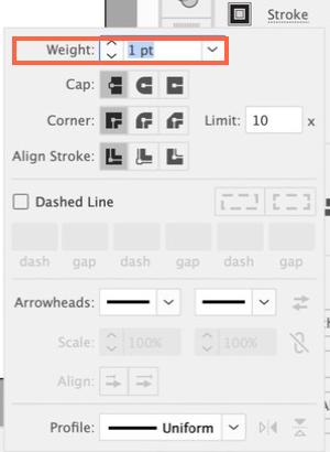 Stroke popup. Weight is the orange box. Type 16.
